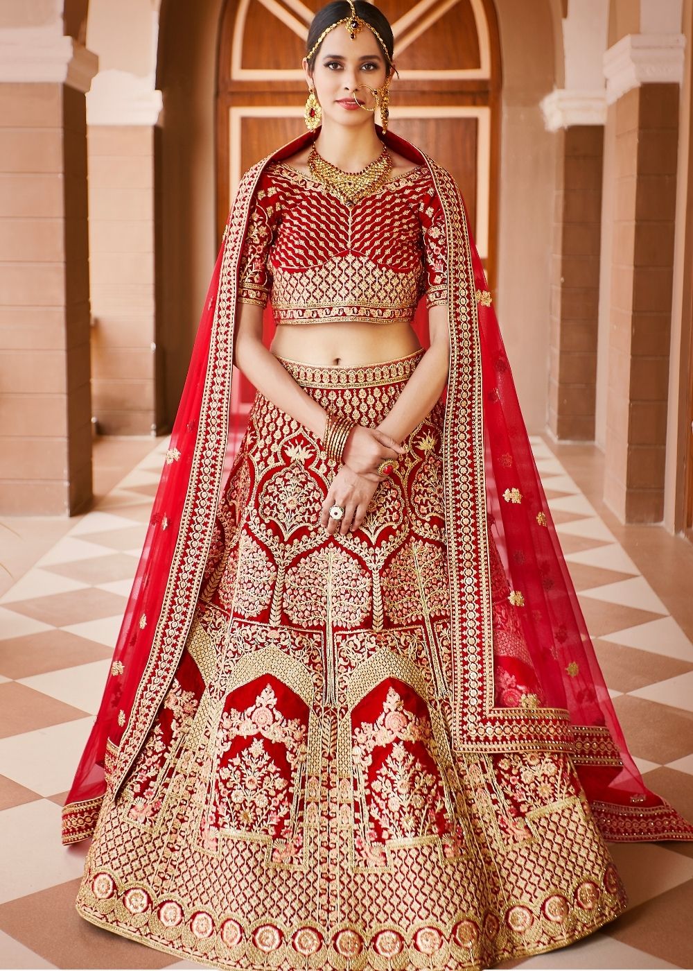 Crimson Red Velvet Bridal Lehenga Choli with Embroidery & Hand work