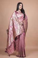 image, Elegant Pink Silk Saree with Silver Zari Work - Traditional Handwoven Indian Sari for Weddings, Festive Occasions &amp; Parties