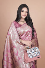 image, Elegant Pink Silk Saree with Silver Zari Work - Traditional Handwoven Indian Sari for Weddings, Festive Occasions &amp; Parties