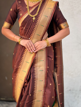 Coffee Wedding Special Nauvari Paithani Soft Silk Saree with Zari Woven Polka Motifs and Peacock Pallu