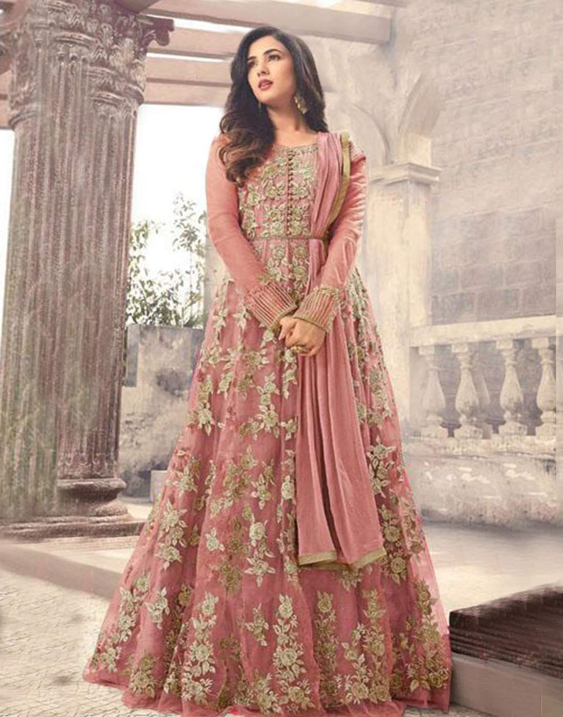 Light Pink Designer Net Gown with Heavy Embroidery and Stone work