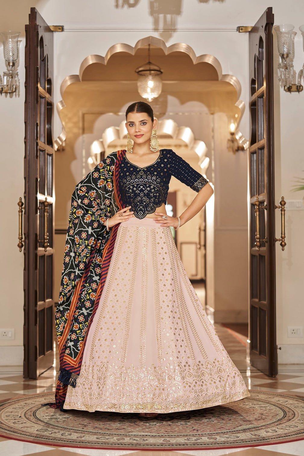 Pink With Navy Blue Embroidered Semi Stitched Bridal Lehenga Choli