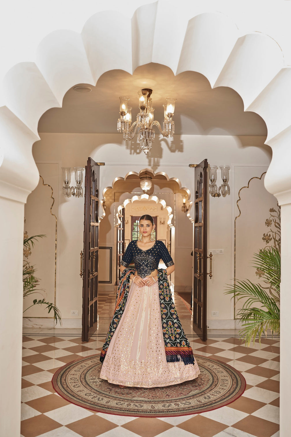 Pink With Navy Blue Embroidered Semi Stitched Bridal Lehenga Choli