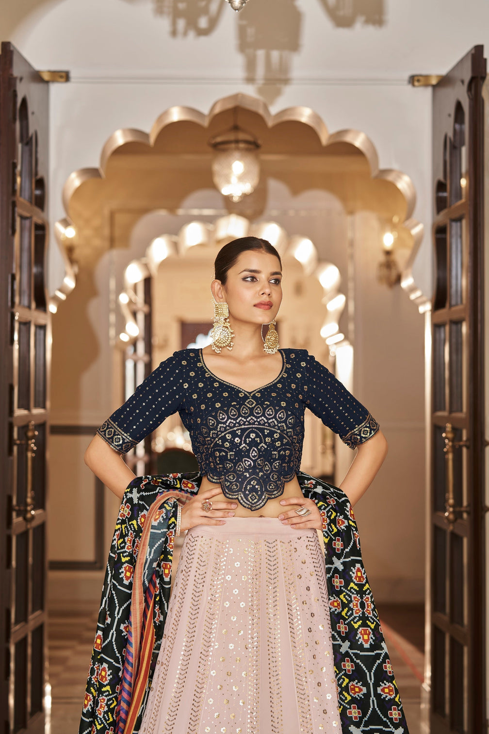 Pink With Navy Blue Embroidered Semi Stitched Bridal Lehenga Choli