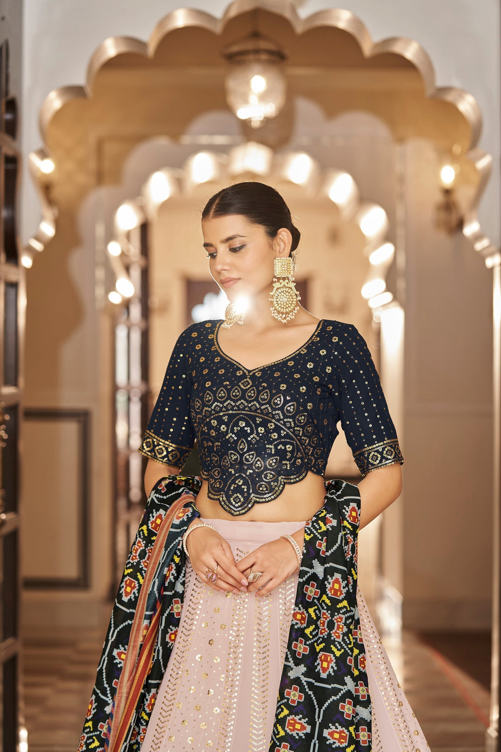 Pink With Navy Blue Embroidered Semi Stitched Bridal Lehenga Choli