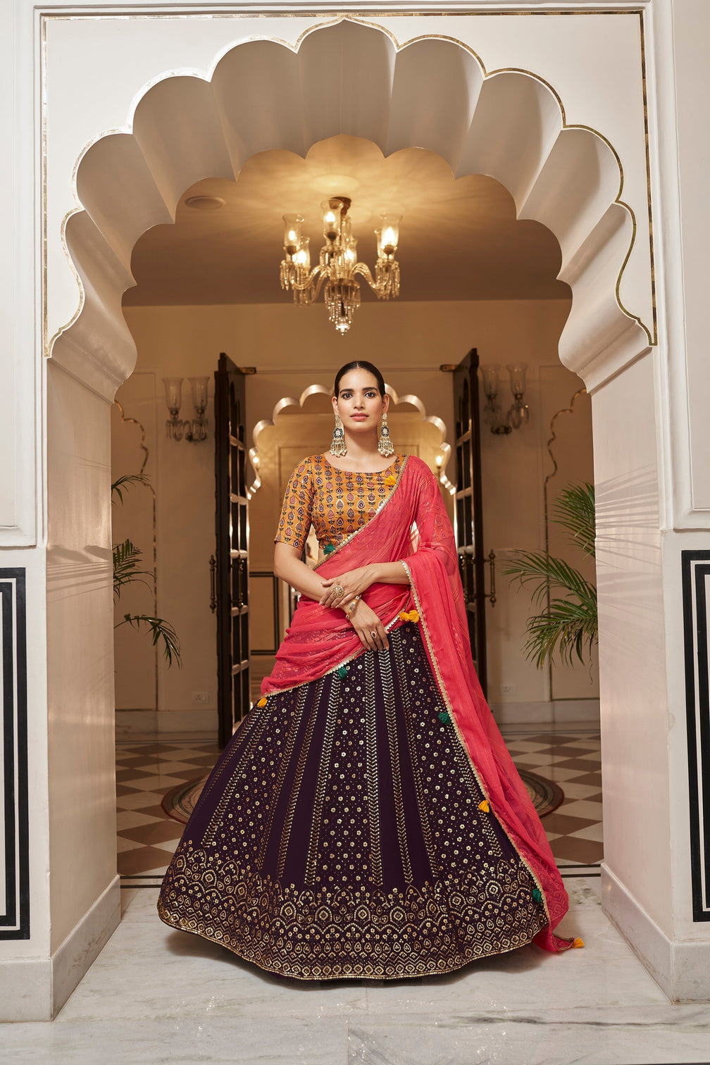 Purple With Mustard Color Embroidered Semi Stitched Bridal Lehenga Choli