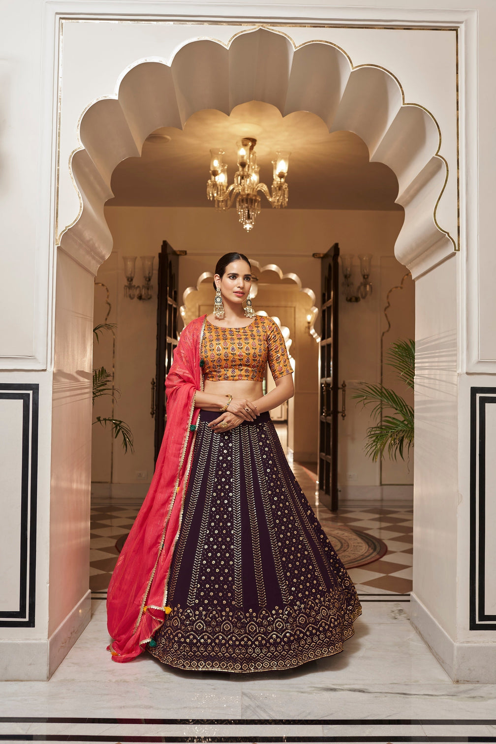 Purple With Mustard Color Embroidered Semi Stitched Bridal Lehenga Choli