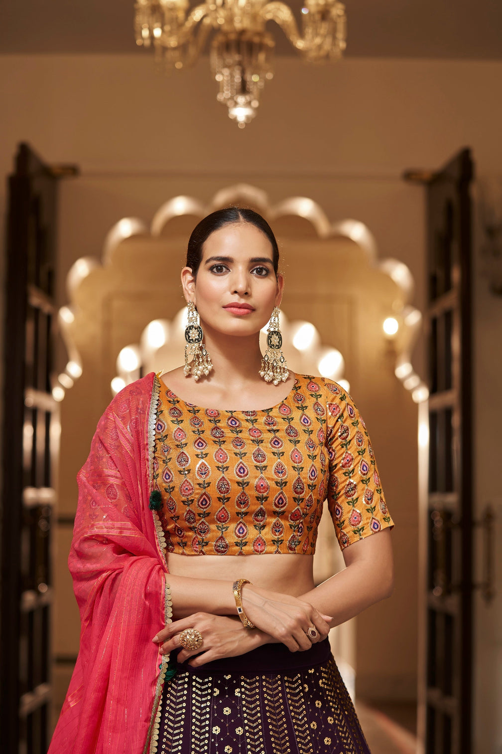 Purple With Mustard Color Embroidered Semi Stitched Bridal Lehenga Choli