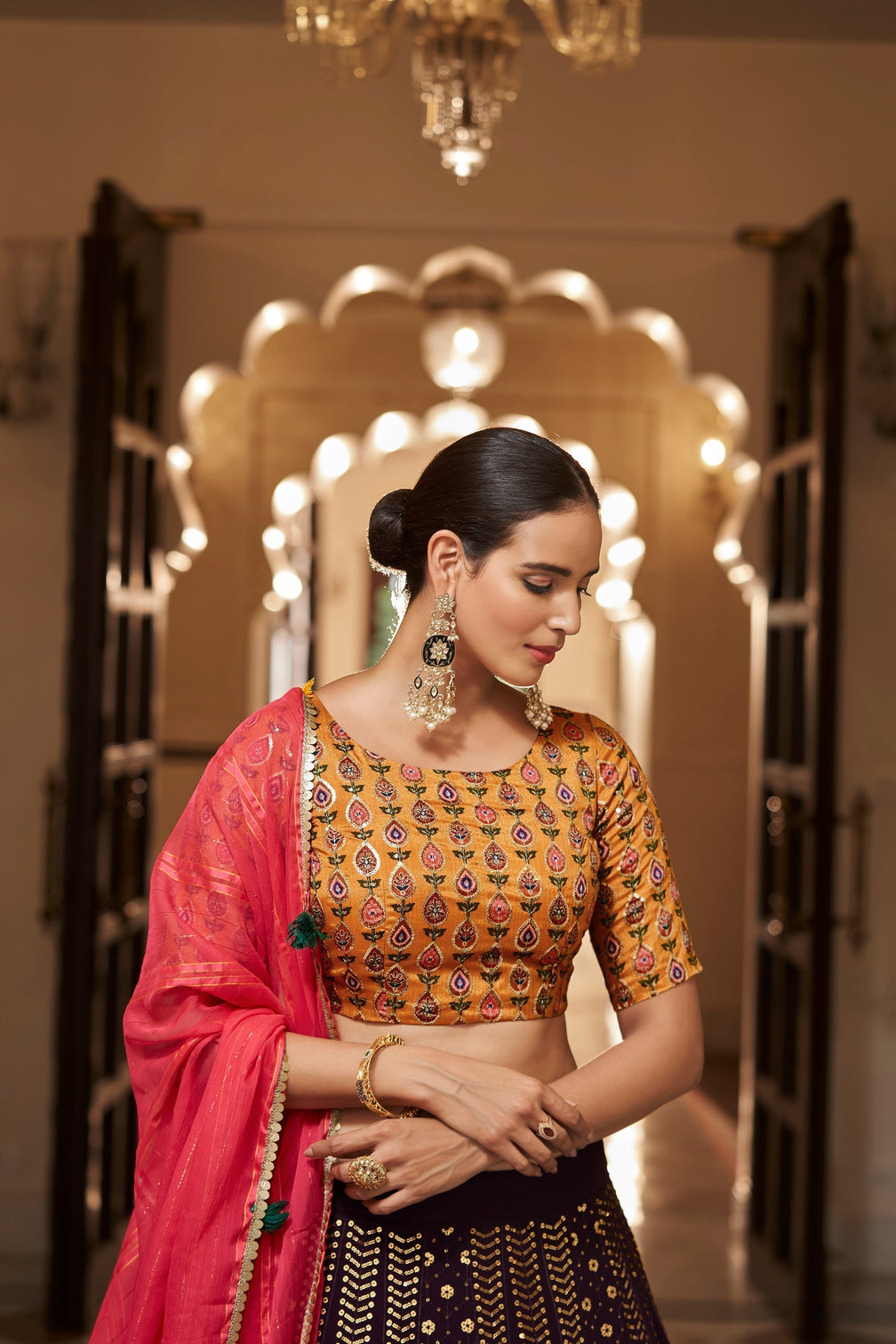 Purple With Mustard Color Embroidered Semi Stitched Bridal Lehenga Choli