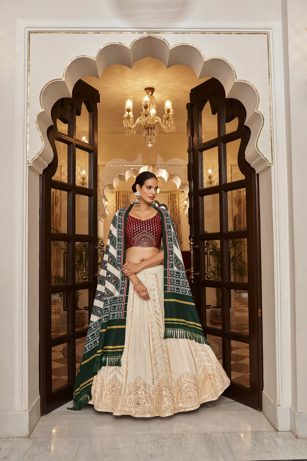 White With Maroon Embroidered Semi Stitched Bridal Lehenga Choli