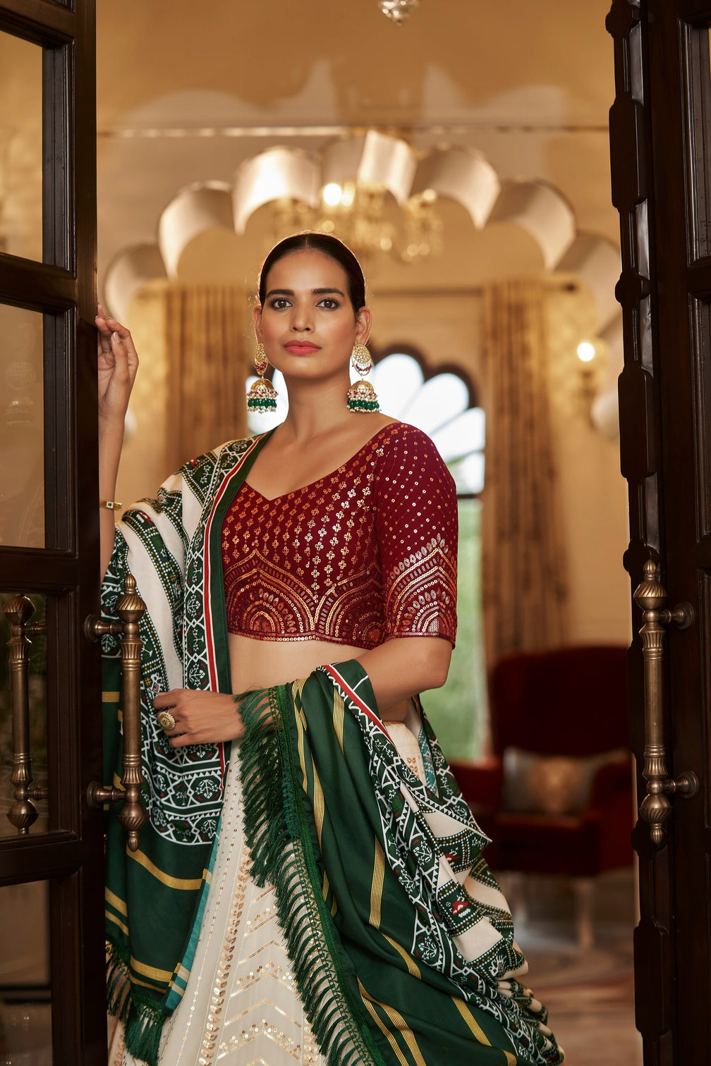 White With Maroon Embroidered Semi Stitched Bridal Lehenga Choli