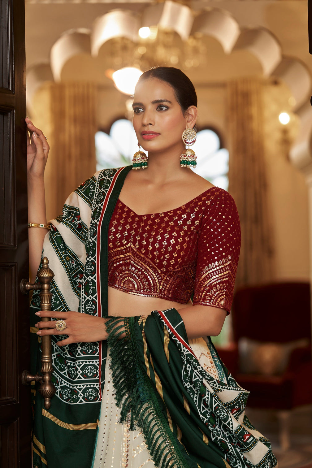 White With Maroon Embroidered Semi Stitched Bridal Lehenga Choli