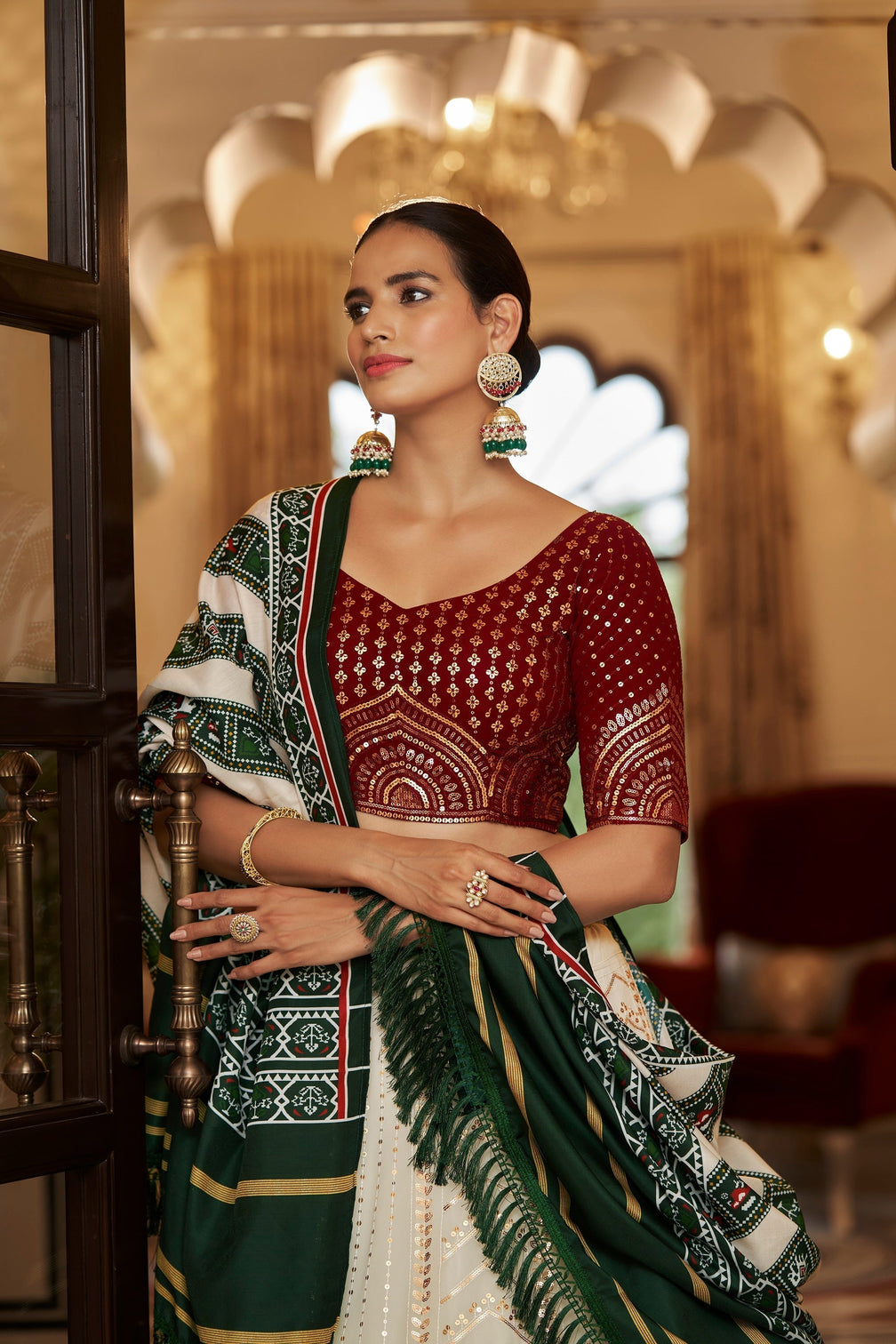 White With Maroon Embroidered Semi Stitched Bridal Lehenga Choli