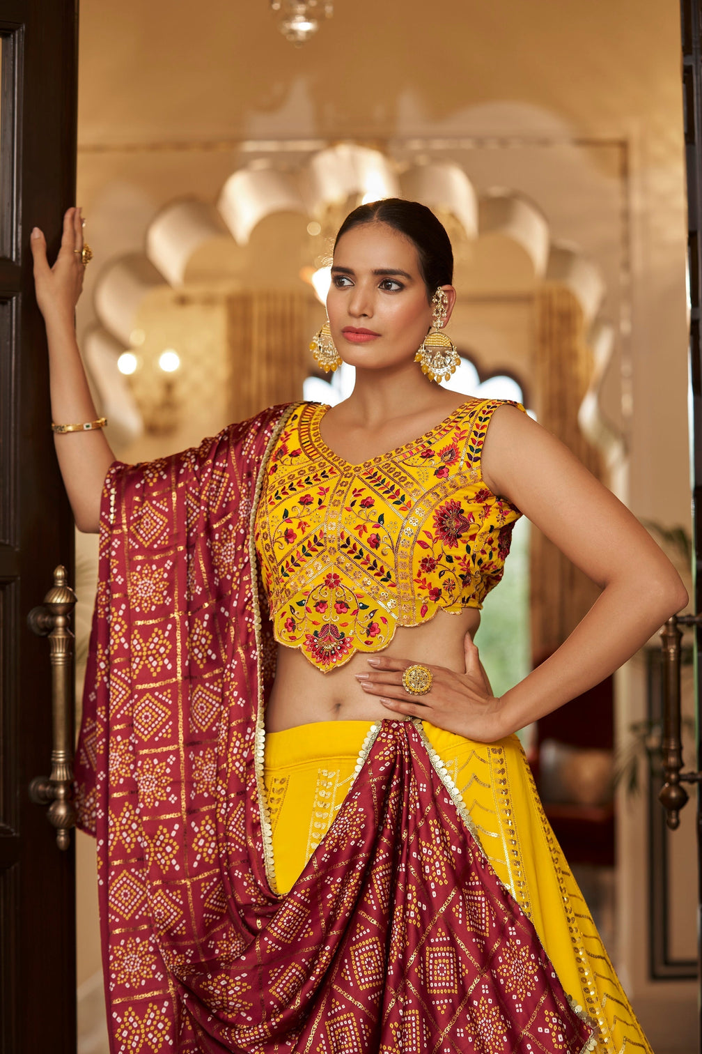 Yellow With Maroon Color Embroidered Semi Stitched Bridal Lehenga Choli