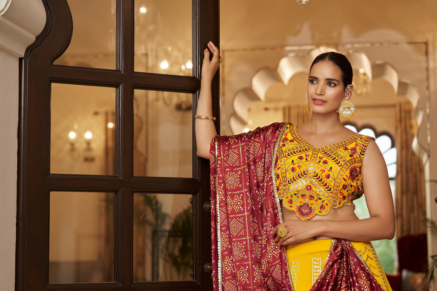 Yellow With Maroon Color Embroidered Semi Stitched Bridal Lehenga Choli