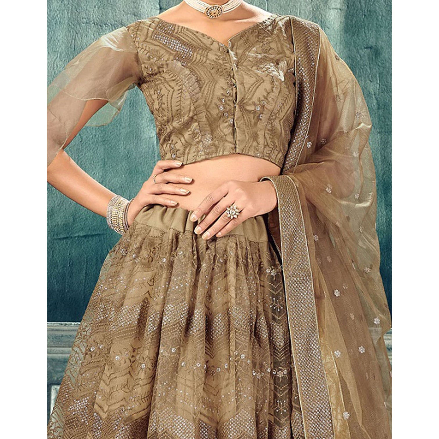 Gold Soft Net Lehenga Choli with thread and sequins work