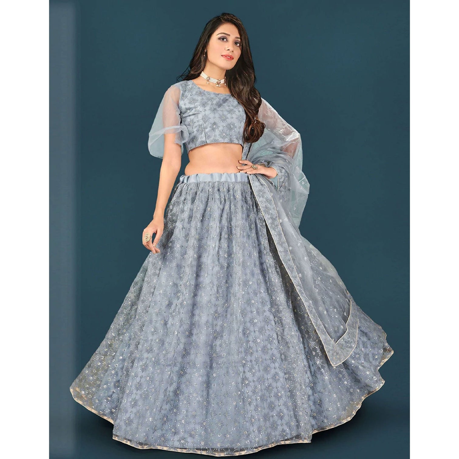 Grey Soft Net Lehenga Choli with heavy thread and sequins work