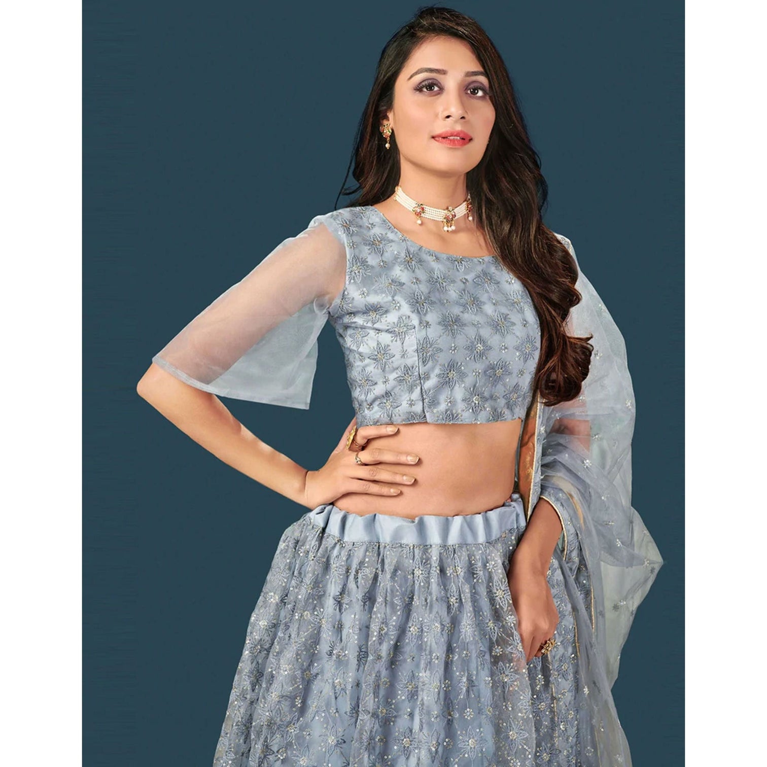 Grey Soft Net Lehenga Choli with heavy thread and sequins work