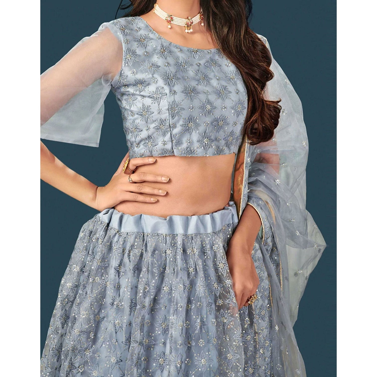 Grey Soft Net Lehenga Choli with heavy thread and sequins work