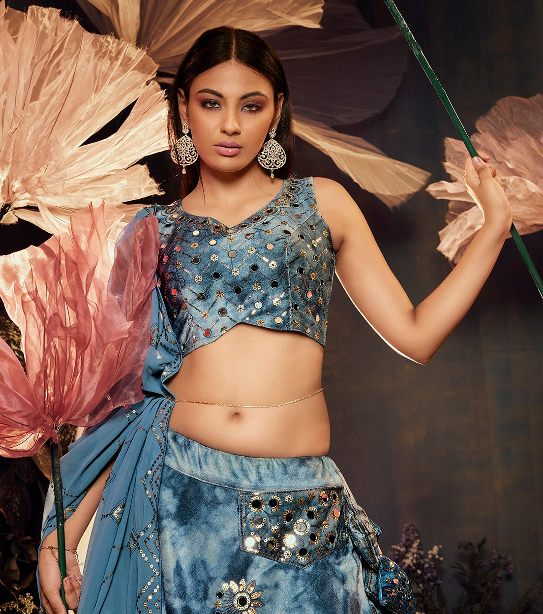 Ravishing Sky Color Shibori Print Dusty Mirror Work Lehenga Choli