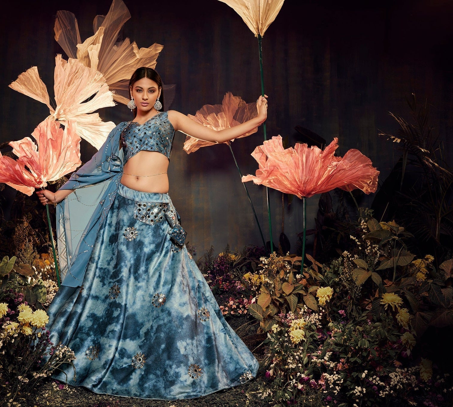 Ravishing Sky Color Shibori Print Dusty Mirror Work Lehenga Choli