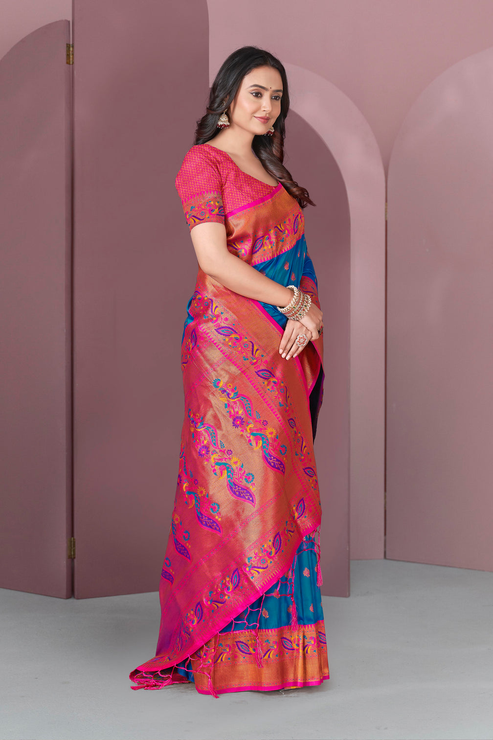 Blue original meenakari paithani silk zari woven saree