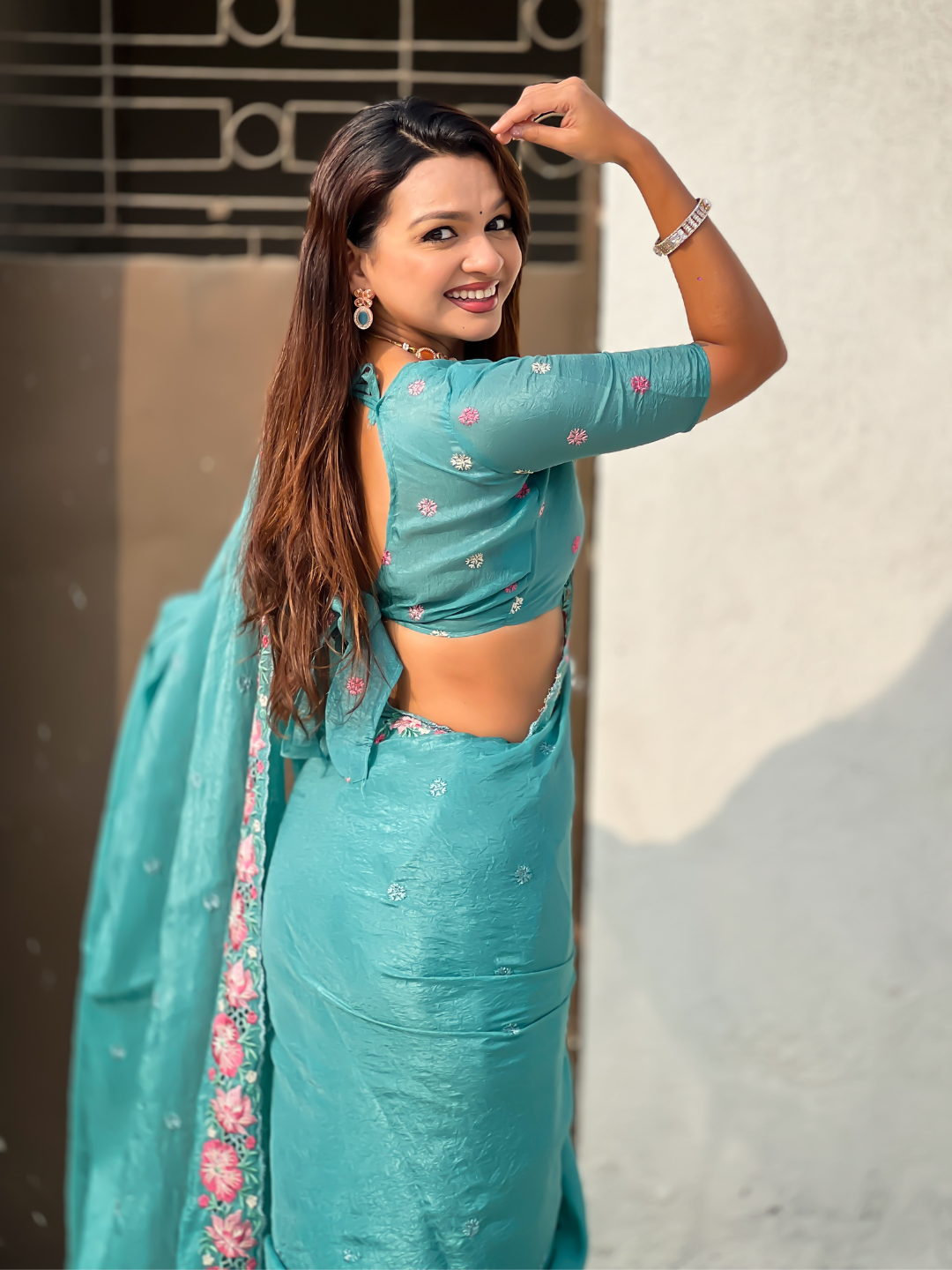 Sky Pure Crush Embroidered Saree with Multicolor Floral Motifs and Cutwork Border