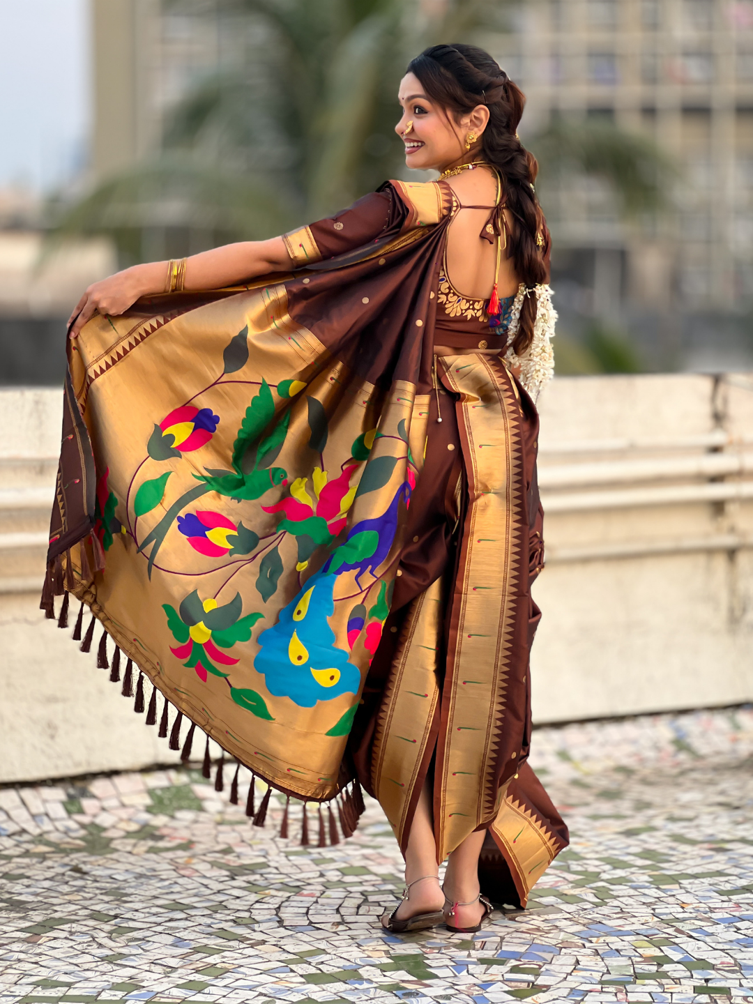 Coffee wedding special nauvari paithani soft silk saree with zari woven polka motifs and peacock pallu