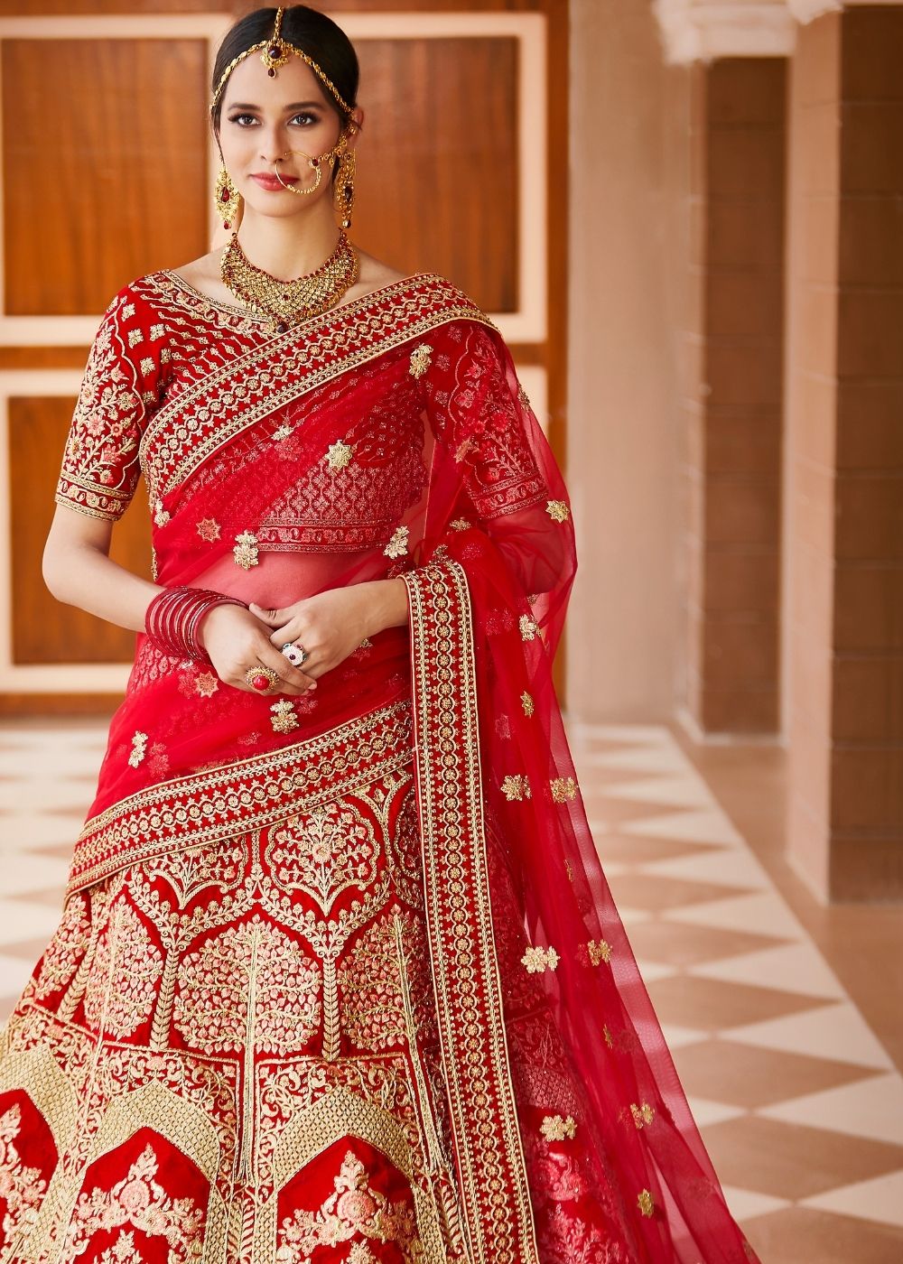 Crimson Red Velvet Bridal Lehenga Choli with Embroidery & Hand work