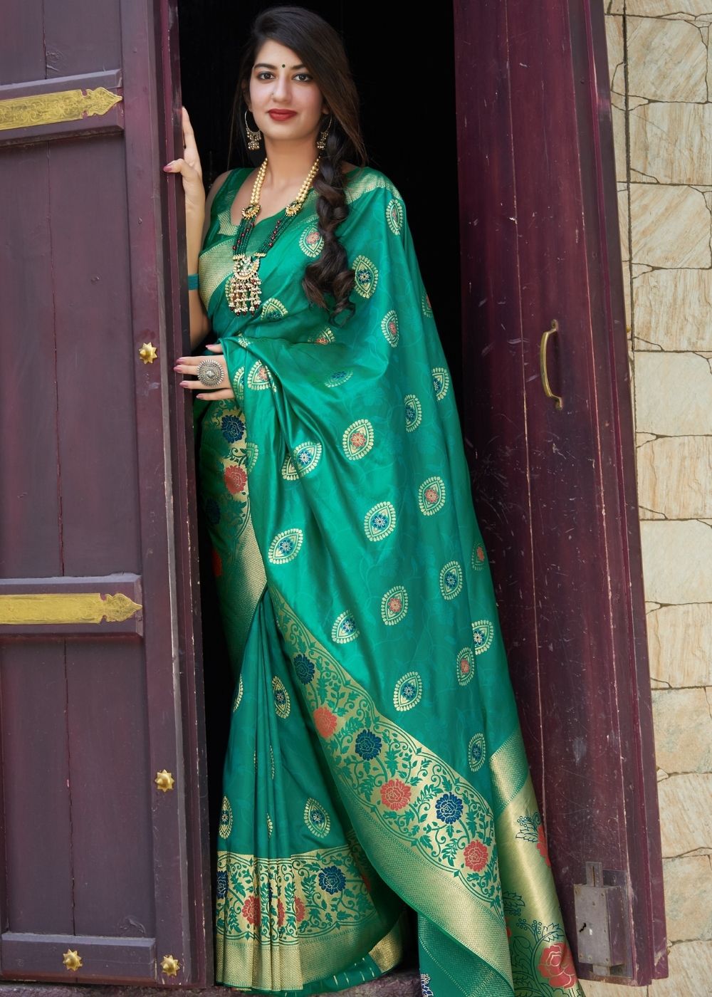 Emerald Green Silk Saree with Floral Motif Zari Border