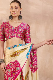 Cream modal silk saree with multicolor patola inspired print rani pink border designer festive wear saree