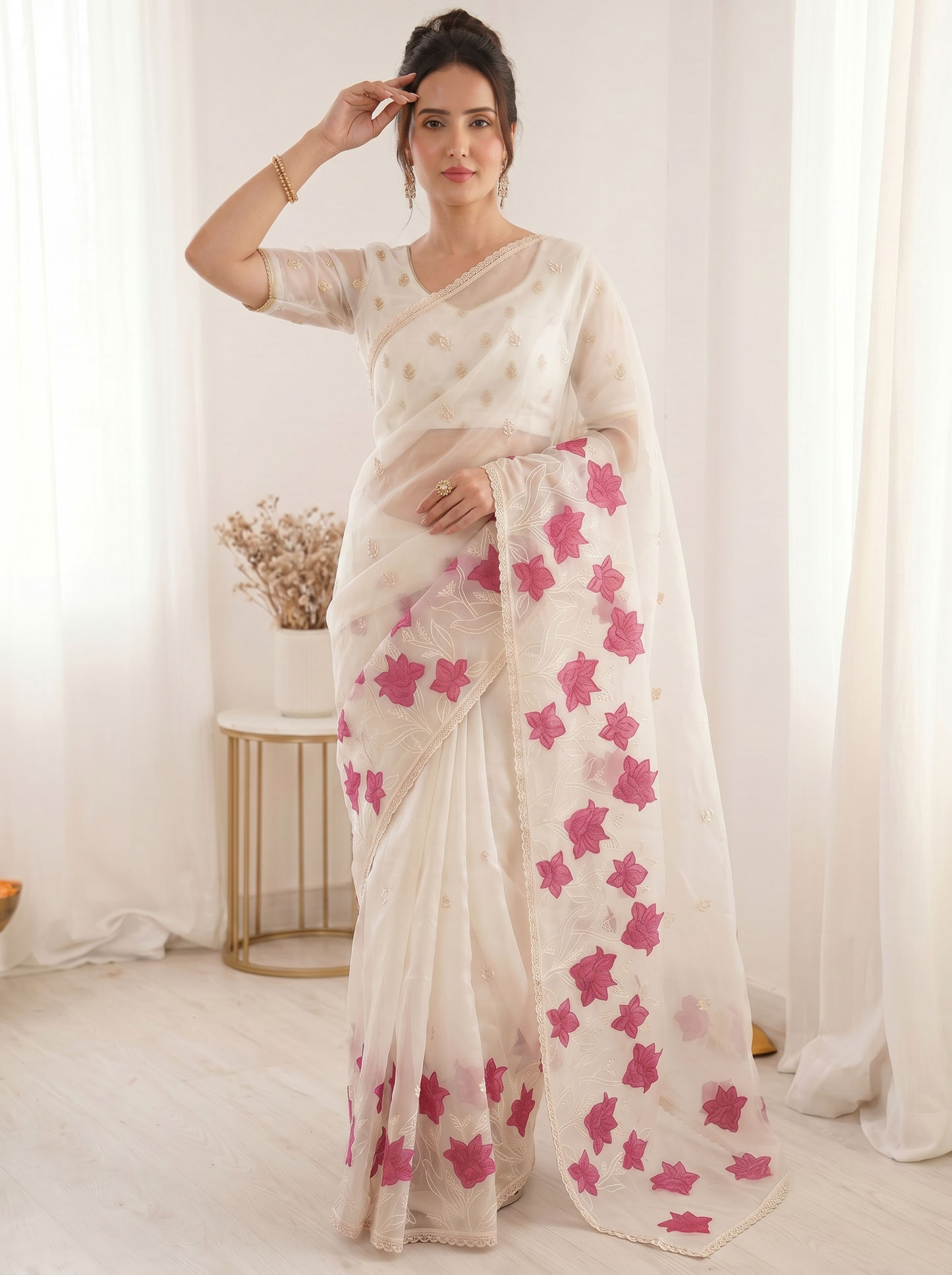 White Pure Oris Silk Saree with Embroidered Lotus Buttis & Applique Border