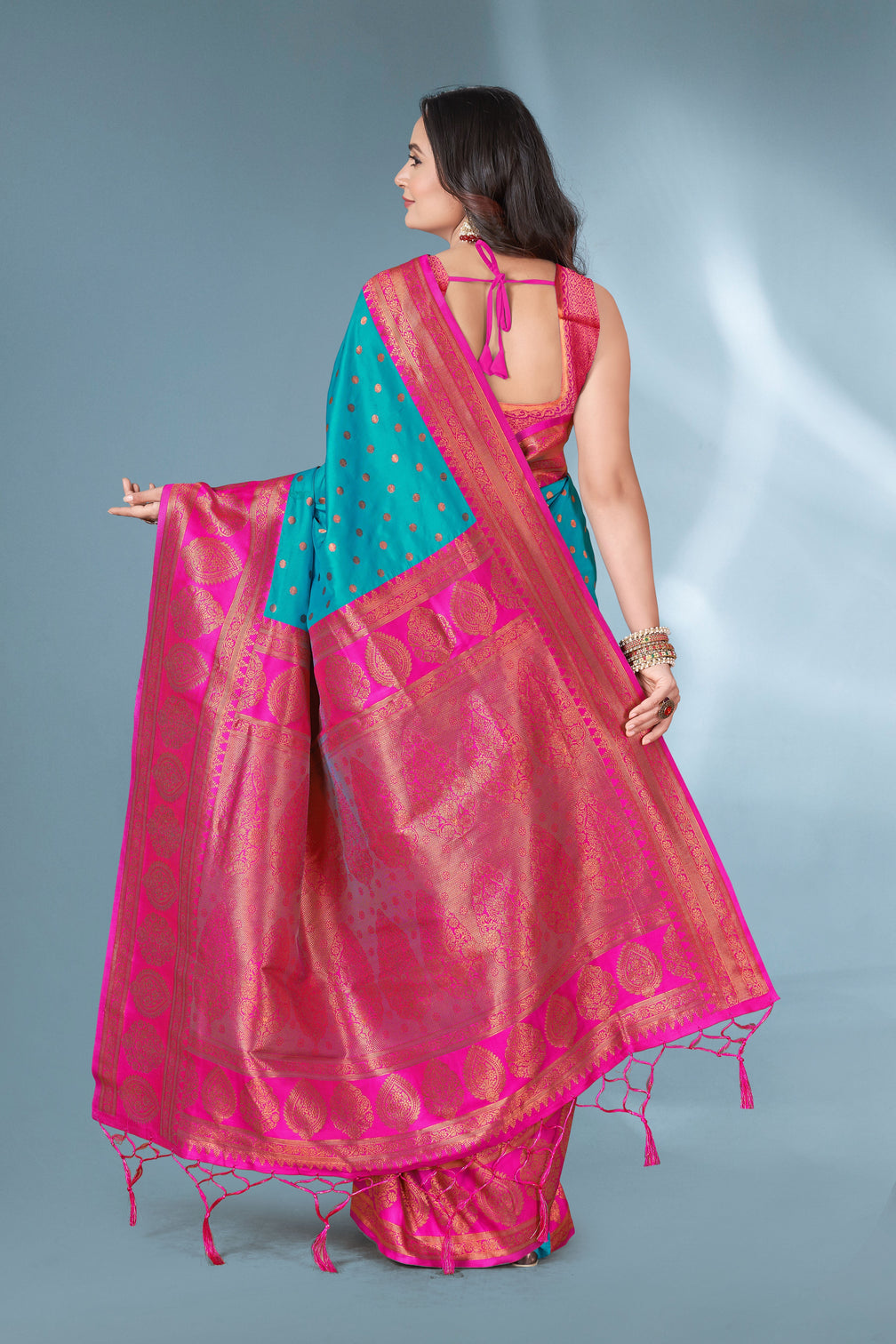 Blue polka paithani silk contrast zari woven saree with unstitched blouse