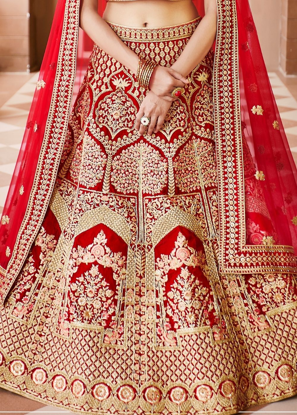 Crimson Red Velvet Bridal Lehenga Choli with Embroidery & Hand work