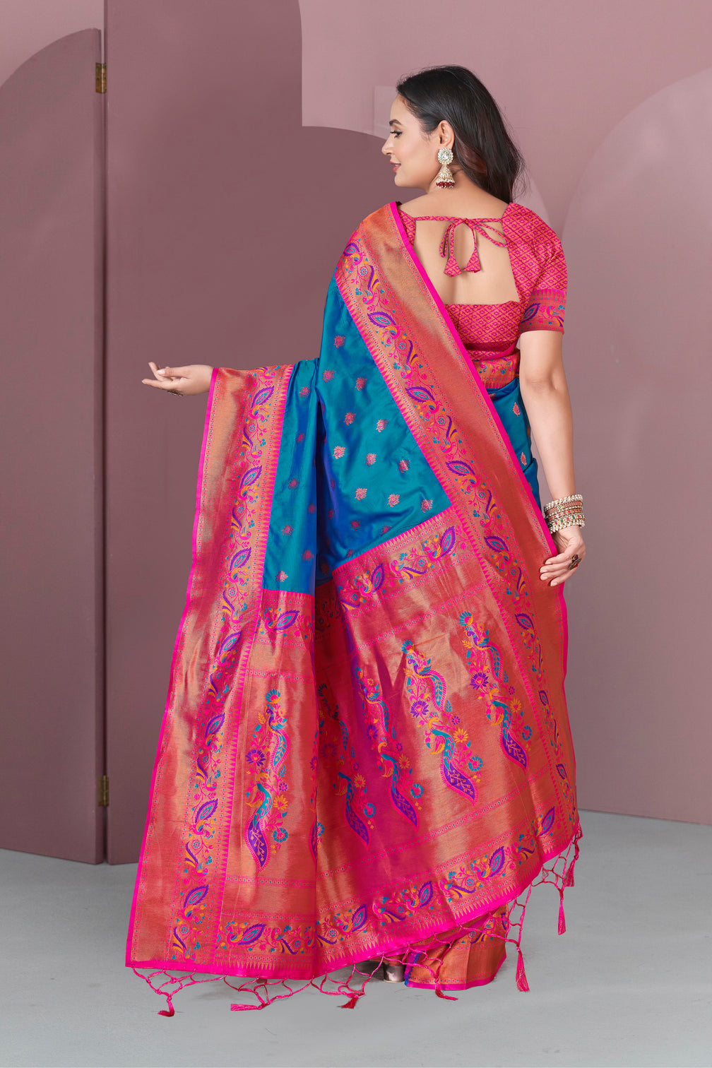 Blue original meenakari paithani silk zari woven saree