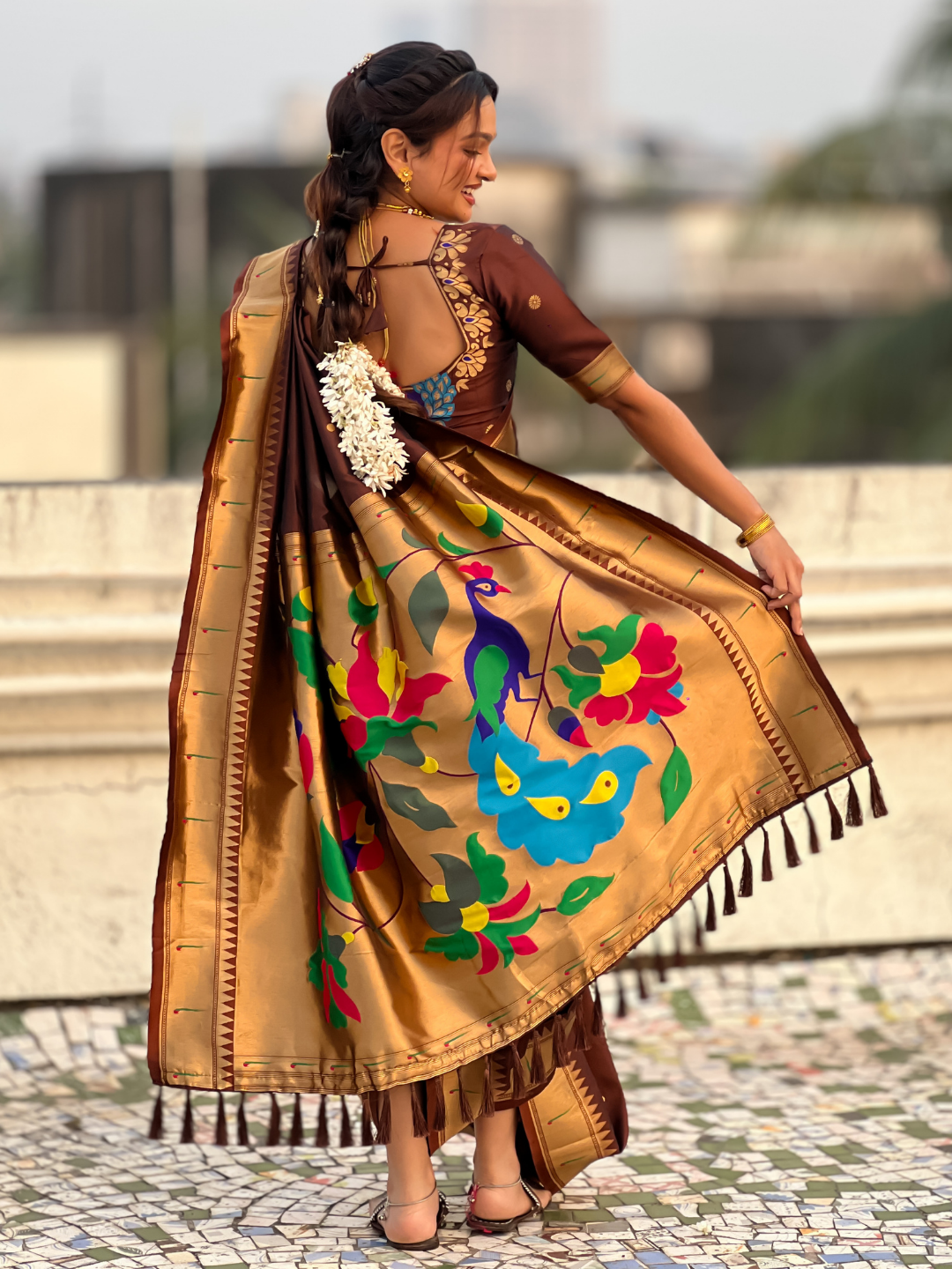 Coffee wedding special nauvari paithani soft silk saree with zari woven polka motifs and peacock pallu