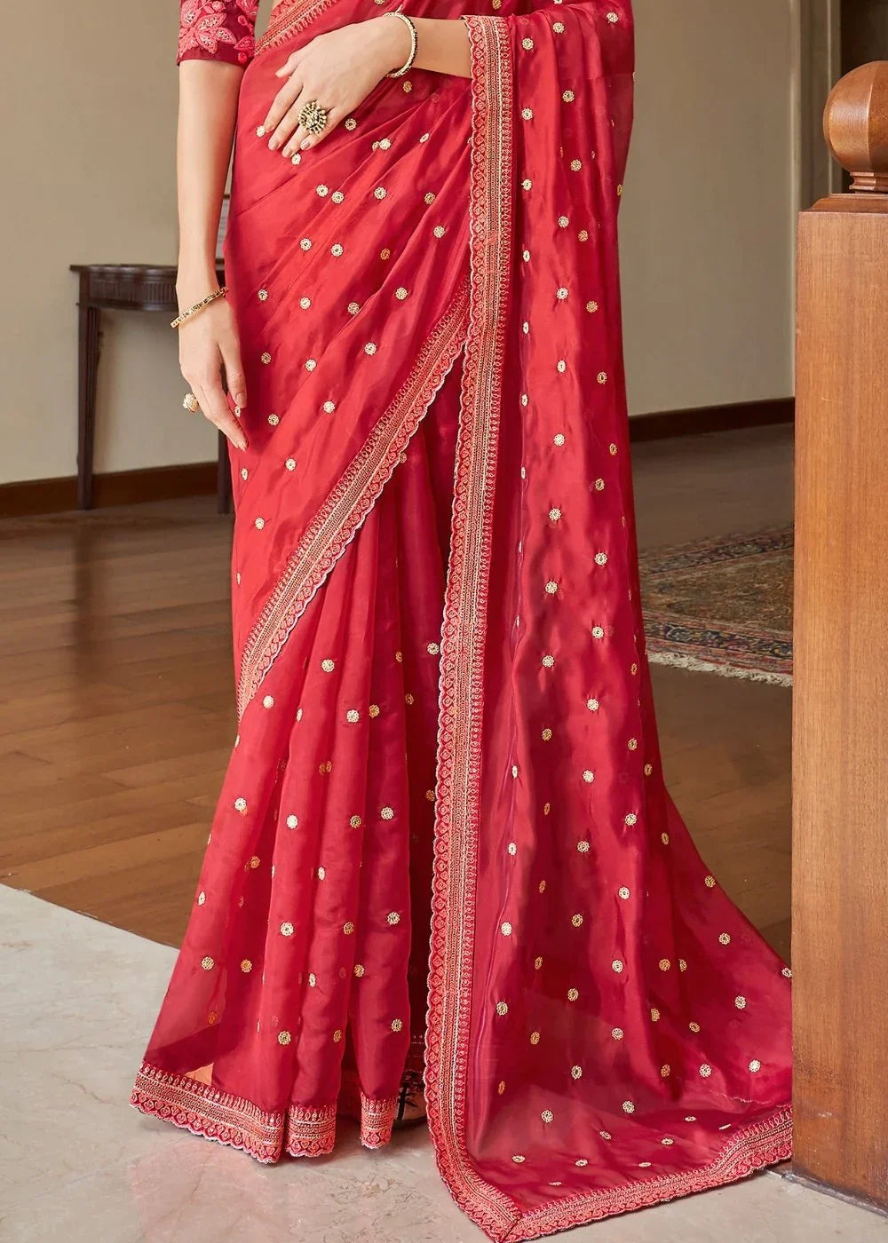 Neon Pink Organza Saree With Dori, Sequins, Zari & Resham Work