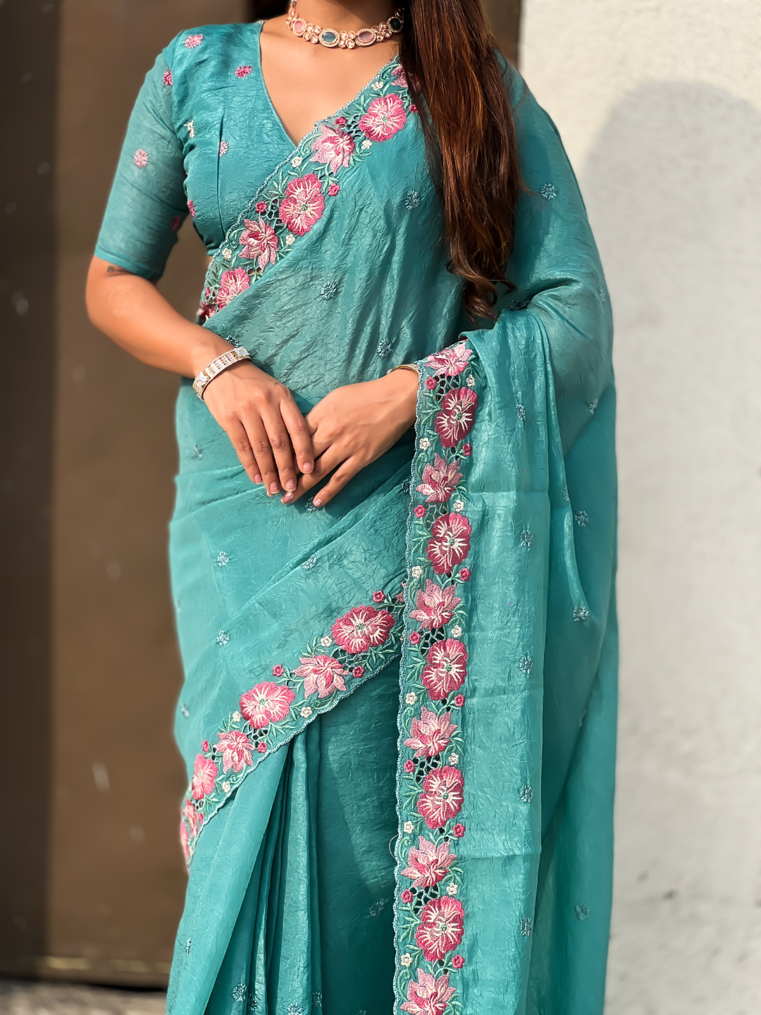 Sky Pure Crush Embroidered Saree with Multicolor Floral Motifs and Cutwork Border