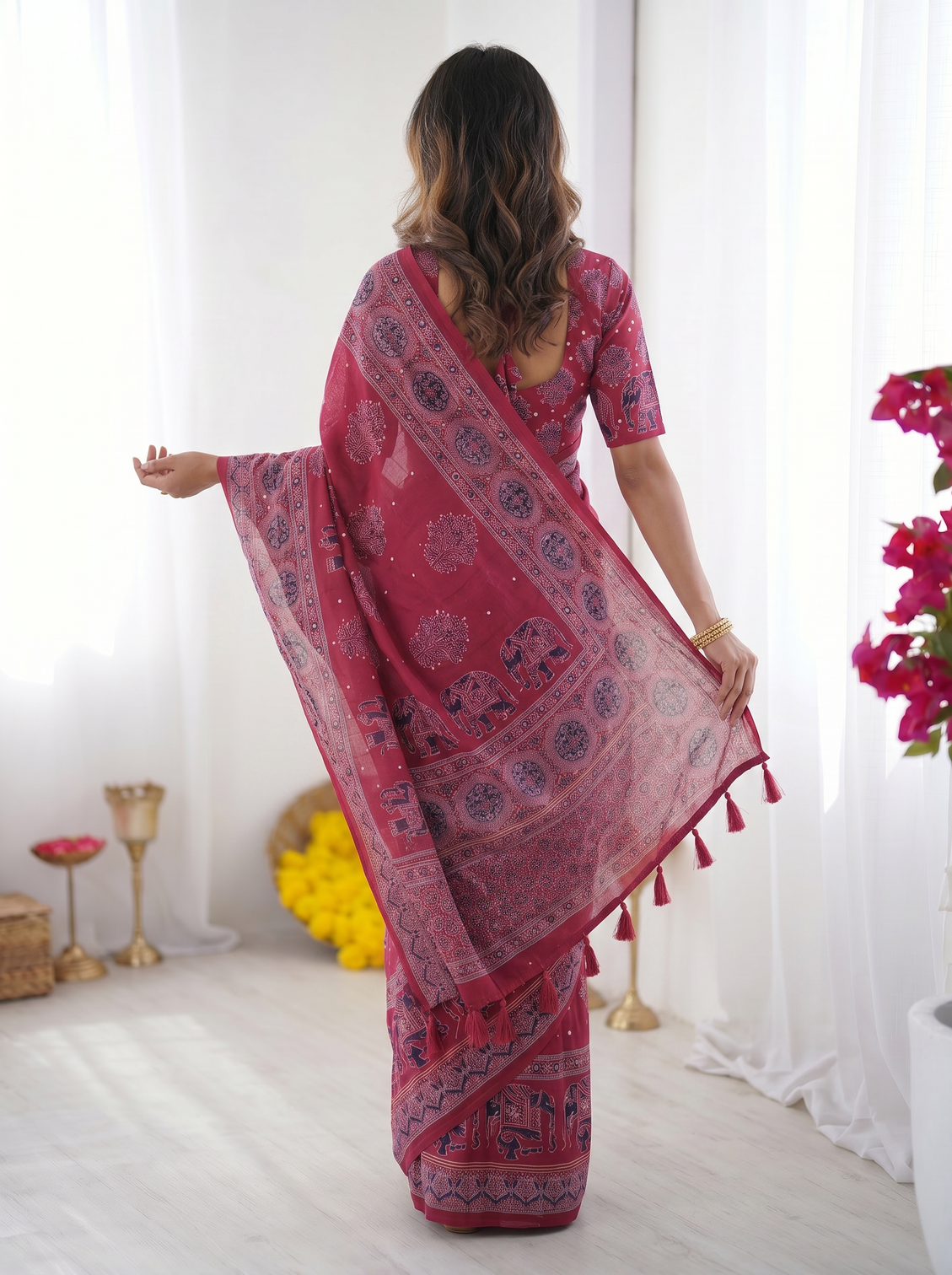 Rani pink modal silk saree with elephant motif ajrakh print designer pallu festive ethnic wear saree