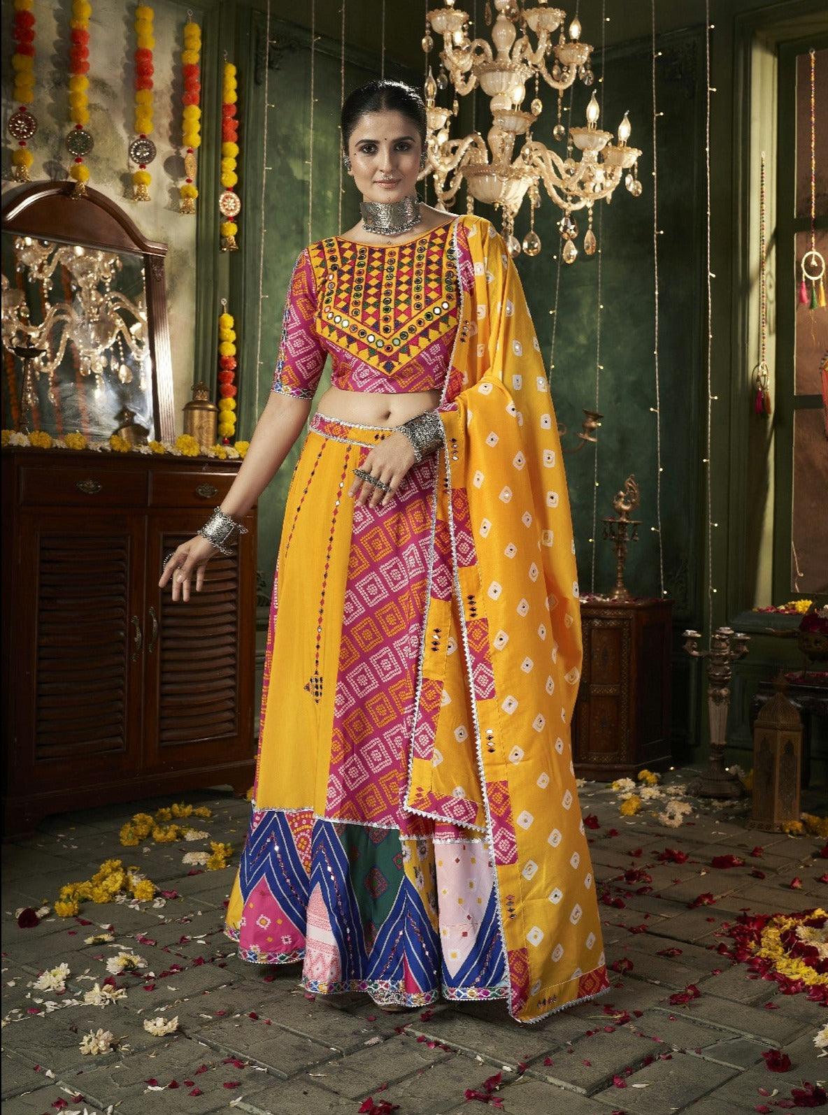 Navratri Festival Wear Multicolored Maslin Cotton Lehenga Choli