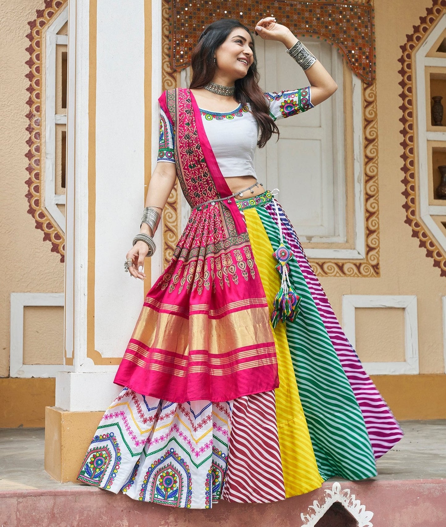 White Multicolored Stripe Maslin Cotton Navratri Lehenga Choli