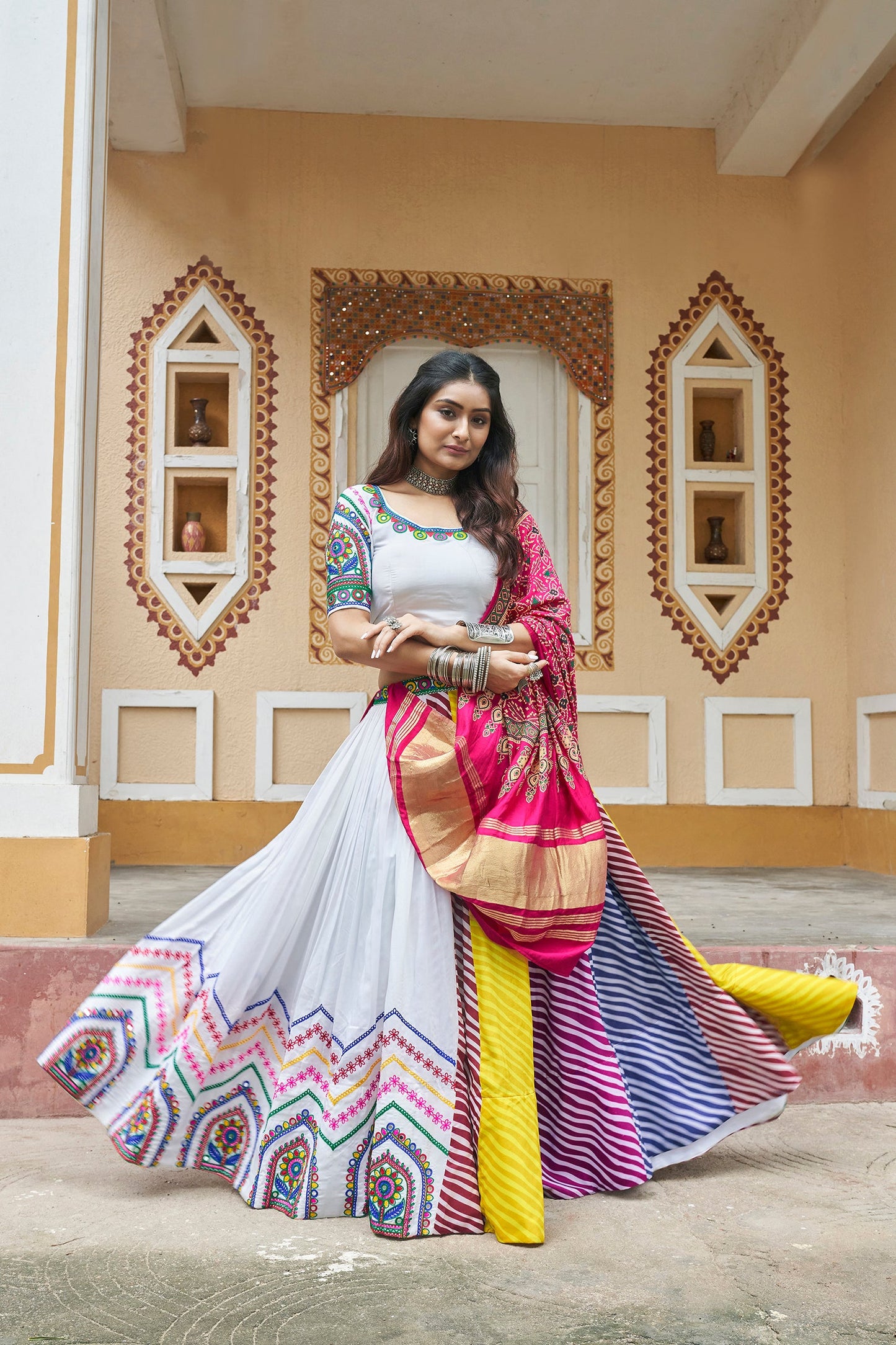 White Multicolored Stripe Maslin Cotton Navratri Lehenga Choli