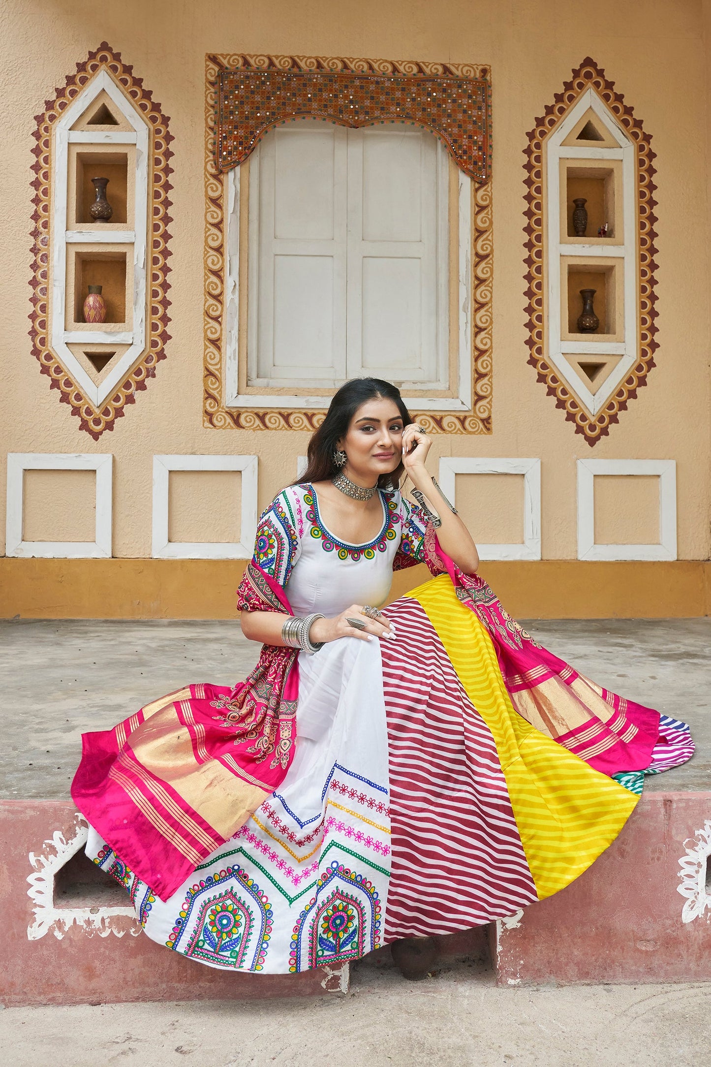 White Multicolored Stripe Maslin Cotton Navratri Lehenga Choli