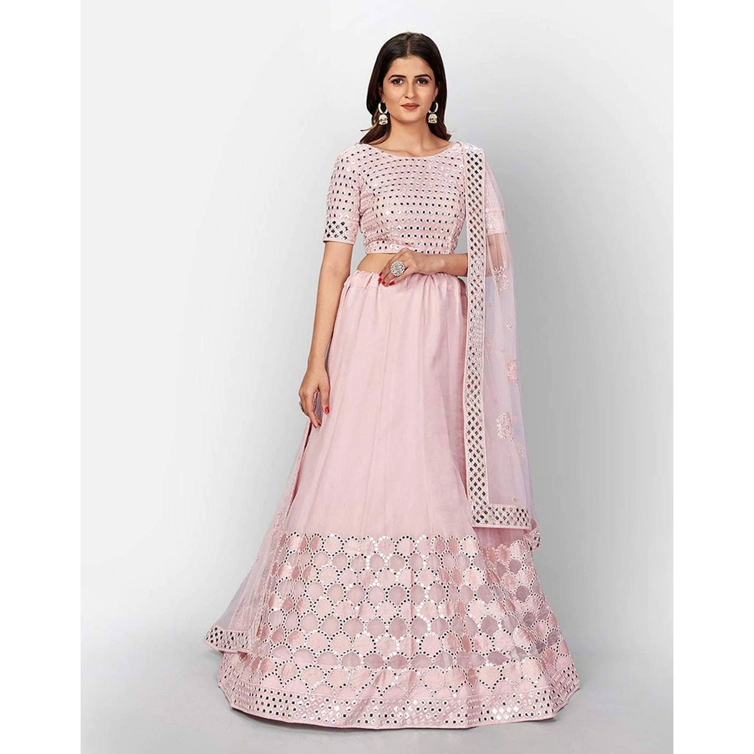 Baby Pink Thread and Foil Mirror Cutwork Lehenga choli