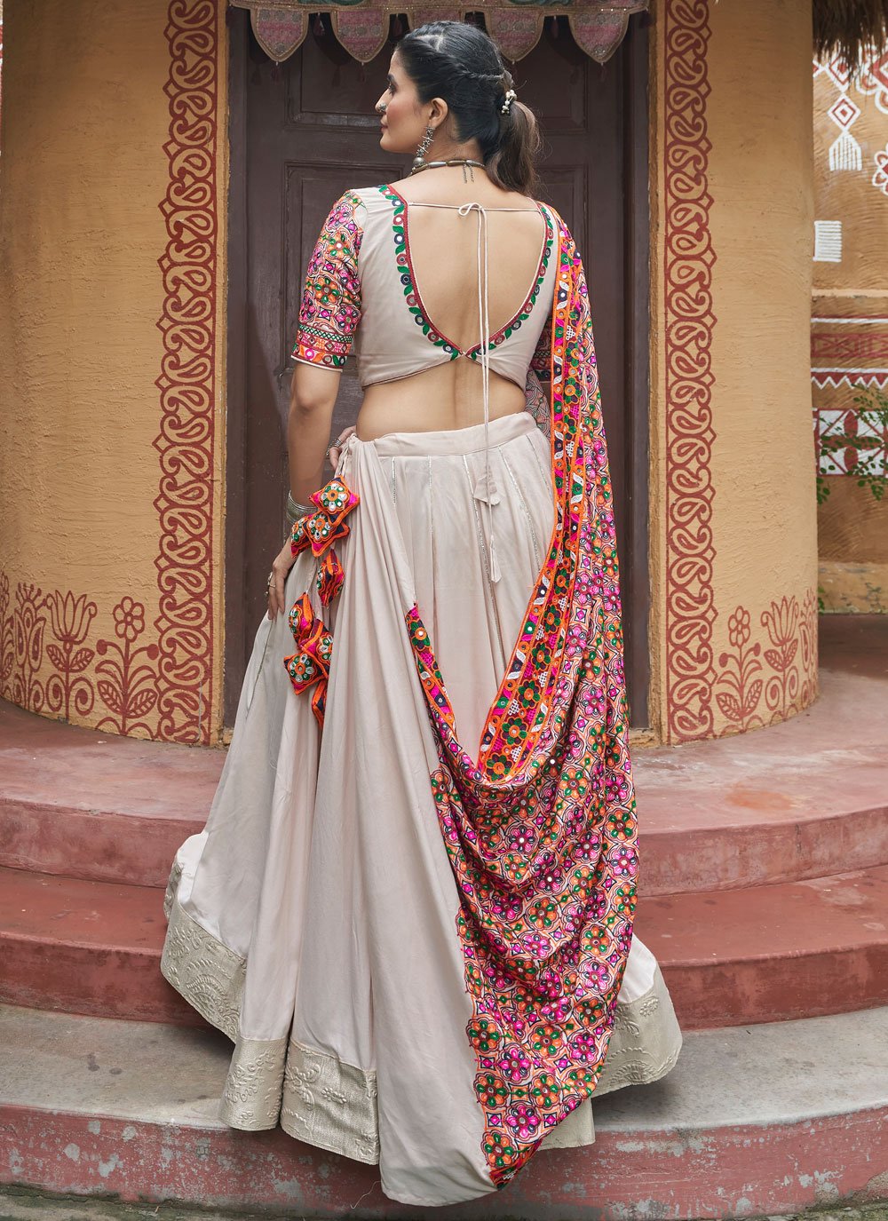 Gorgeous Beige Embroidered Navratri Lehenga Choli