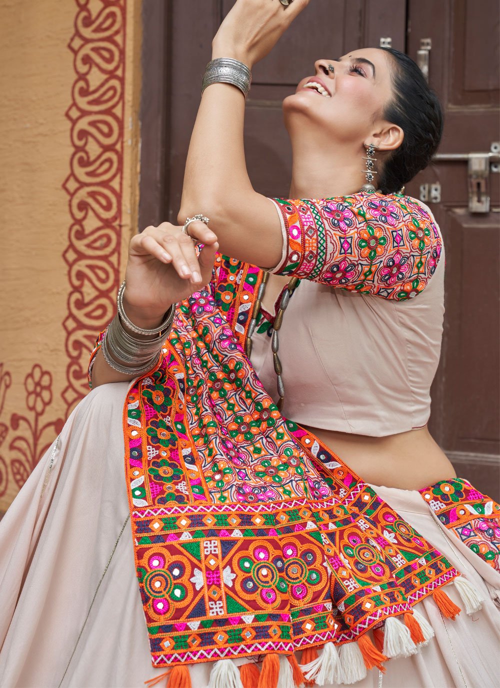 Gorgeous Beige Embroidered Navratri Lehenga Choli