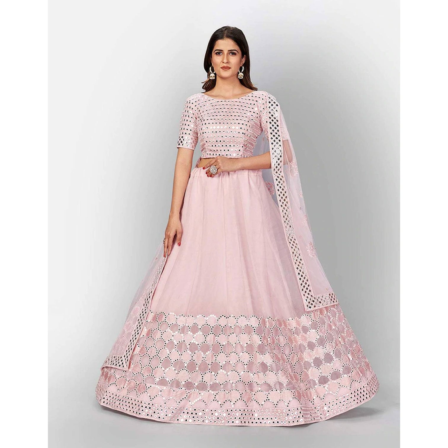 Baby Pink Thread and Foil Mirror Cutwork Lehenga choli