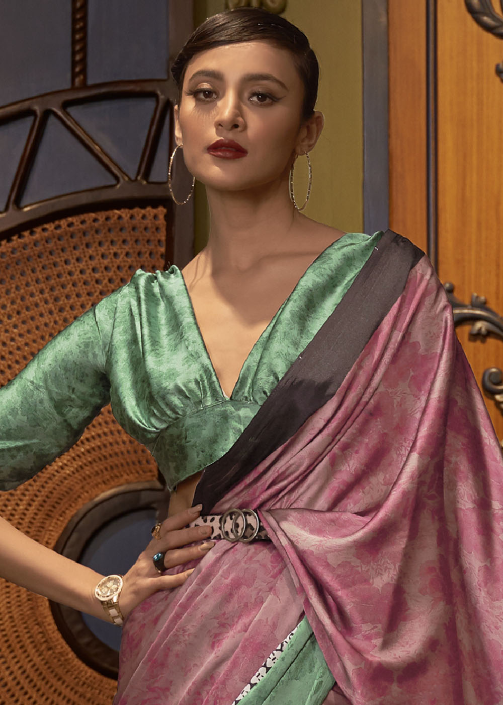 Green & Pink Designer Satin Crepe Printed Saree