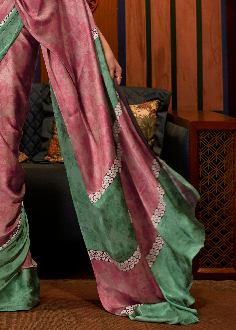 Green & Pink Designer Satin Crepe Printed Saree