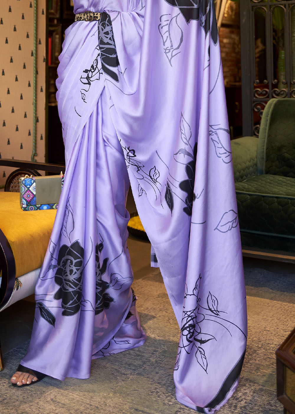 Heliotrope Purple Designer Satin Crepe Printed Saree